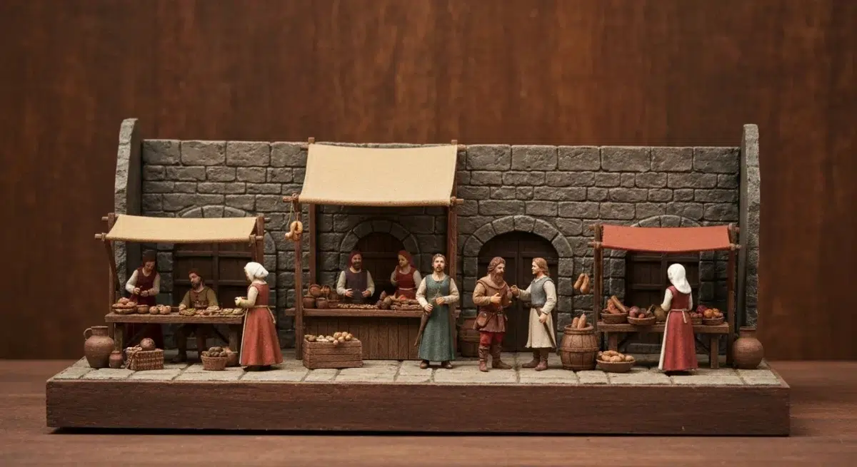 Diorama Mercato Medievale: Atmosfera di Piazza Storica — modello in scala